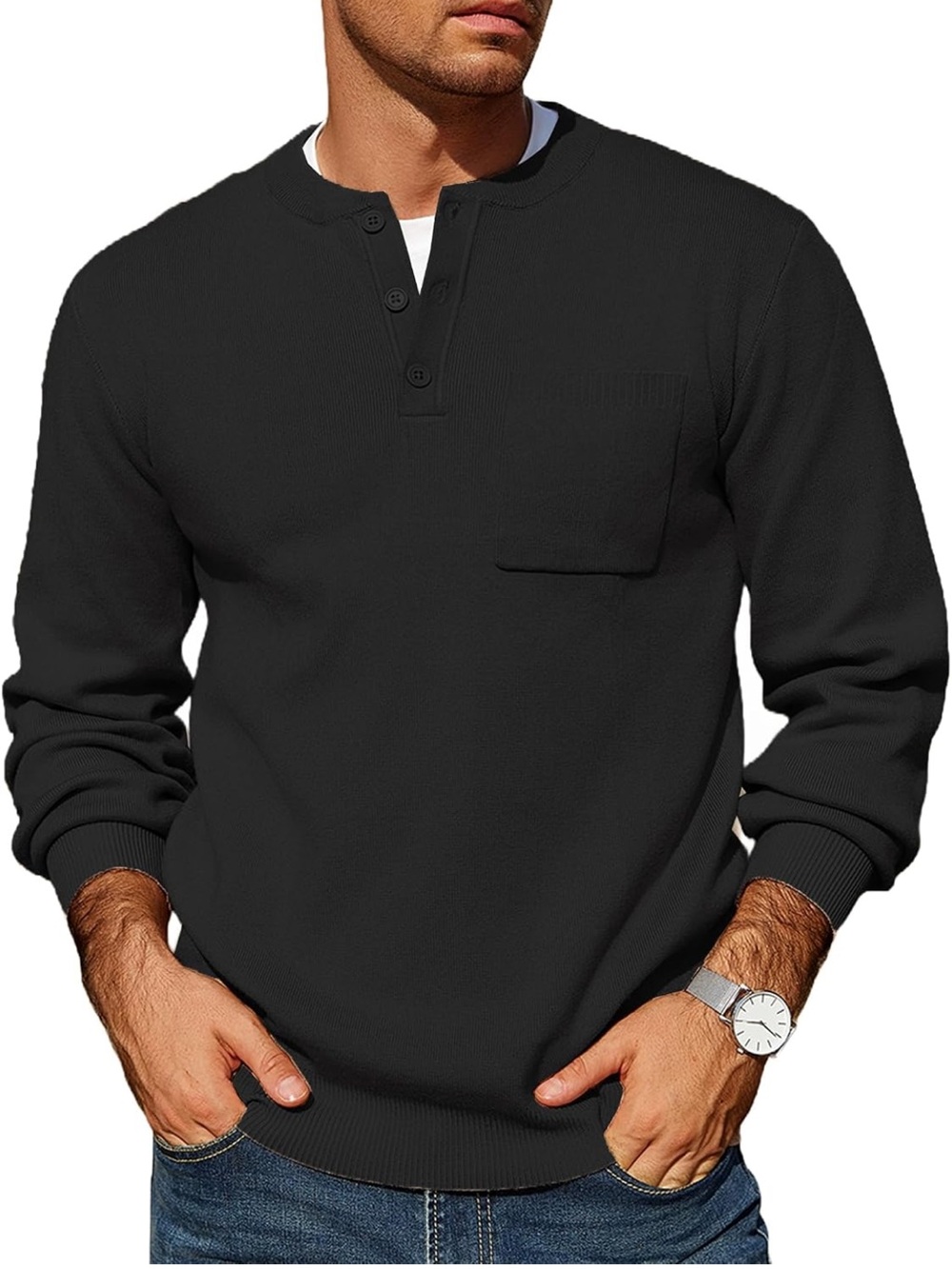 Men's Black Henley Pocket Long-Sleeve Pullover